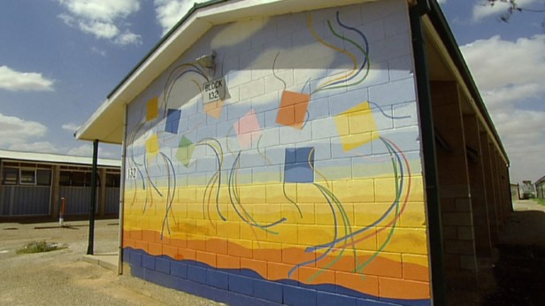 The Freedom mural, painted and designed by inmates at Woomera.